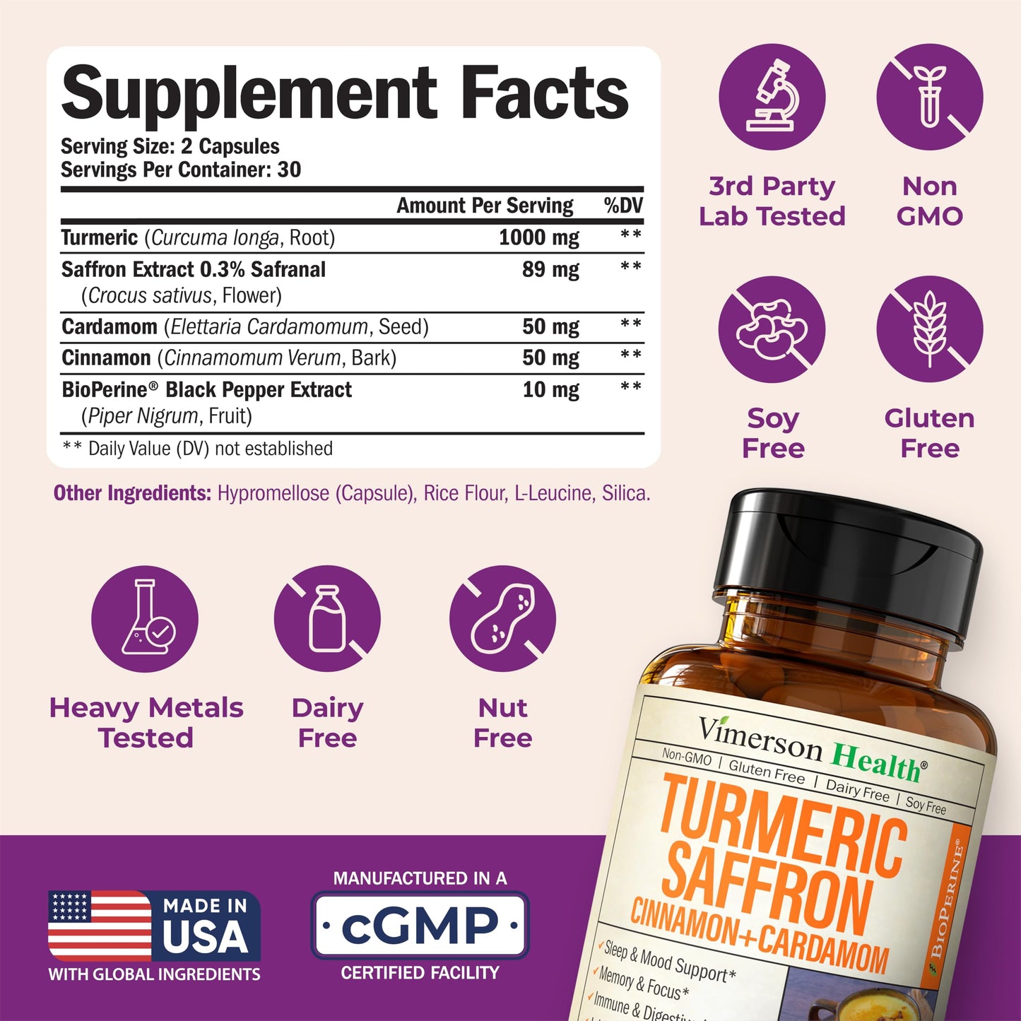 Vimerson Health Saffron Supplements (89 mg) – Turmeric Curcumin with Cinnamon, Cardamom, Eye Health & Mood – 2 Pack
