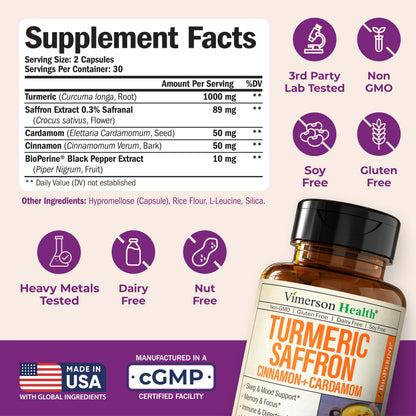 Vimerson Health Saffron Supplements (89 mg) – Turmeric Curcumin with Cinnamon, Cardamom, Eye Health & Mood – 2 Pack