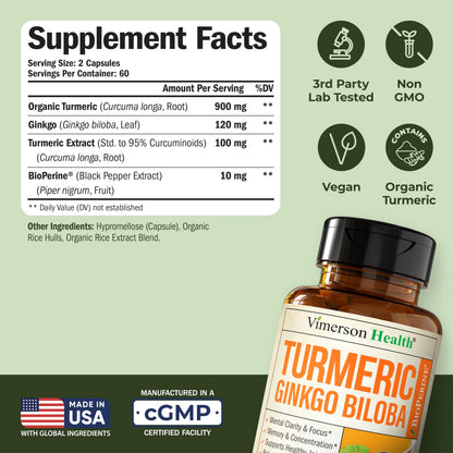 Ginkgo Biloba & Turmeric Curcumin Supplement with BioPerine – Vimerson Health | 120 Vegan Capsules