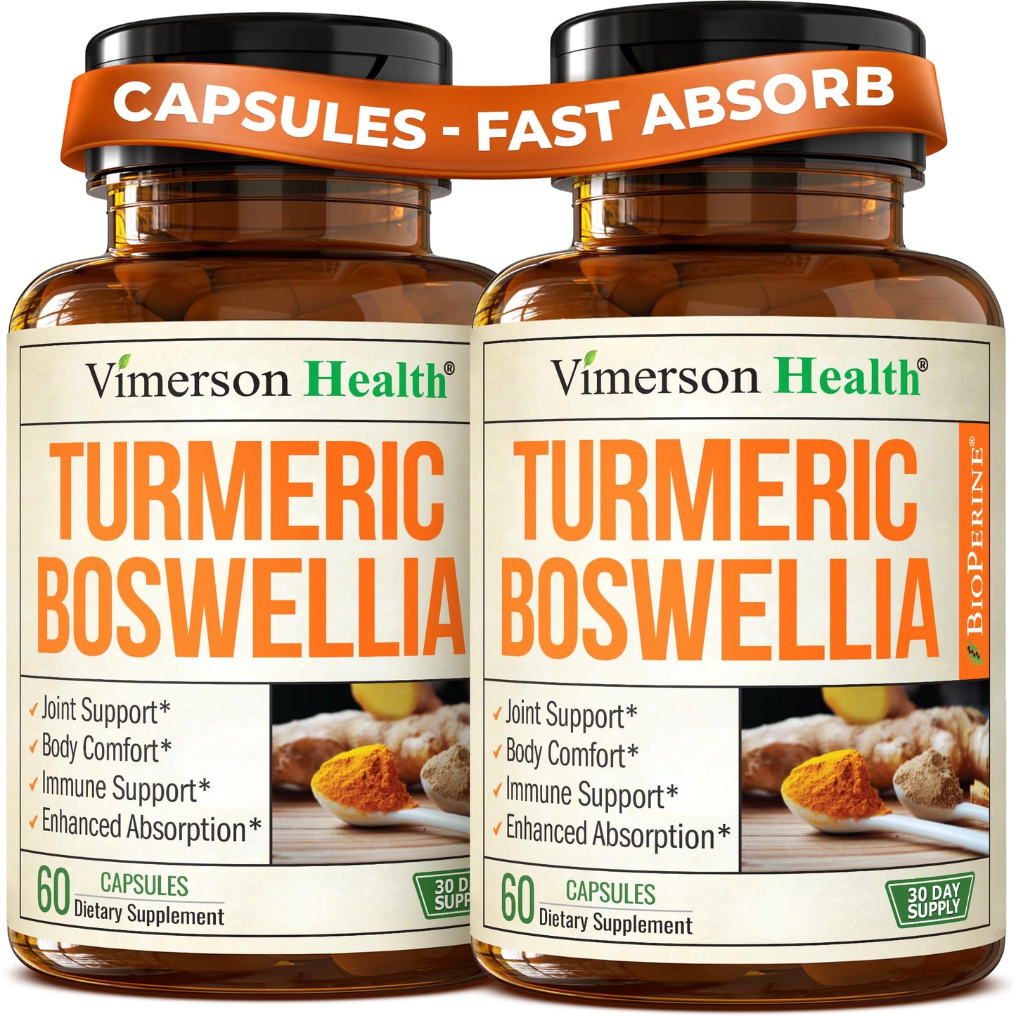 Vimerson Health Turmeric Curcumin with Boswellia Serrata & Ginger – 95% Curcuminoids, BioPerine, 2-Pack