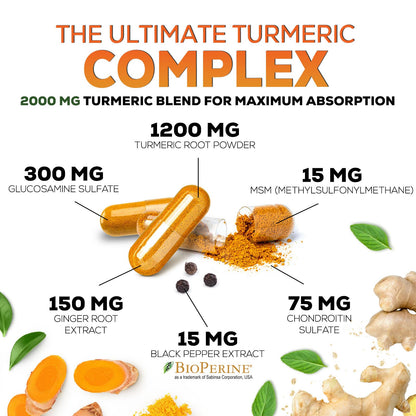 Turmeric Curcumin 2000mg with Glucosamine & Ginger – BioPerine, 240 capsules, USA Made