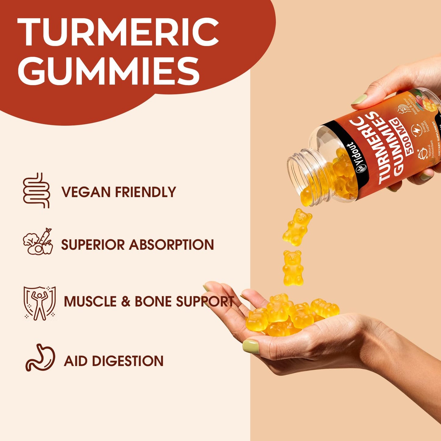 Turmeric Curcumin Gummies 500mg with Ginger & Black Pepper – Mango Flavor, 60 Count