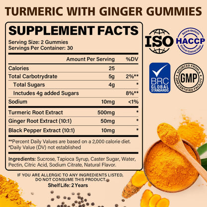 Turmeric Ginger Gummies with Black Pepper - 500 mg Curcumin for Immune Support | 60 Count