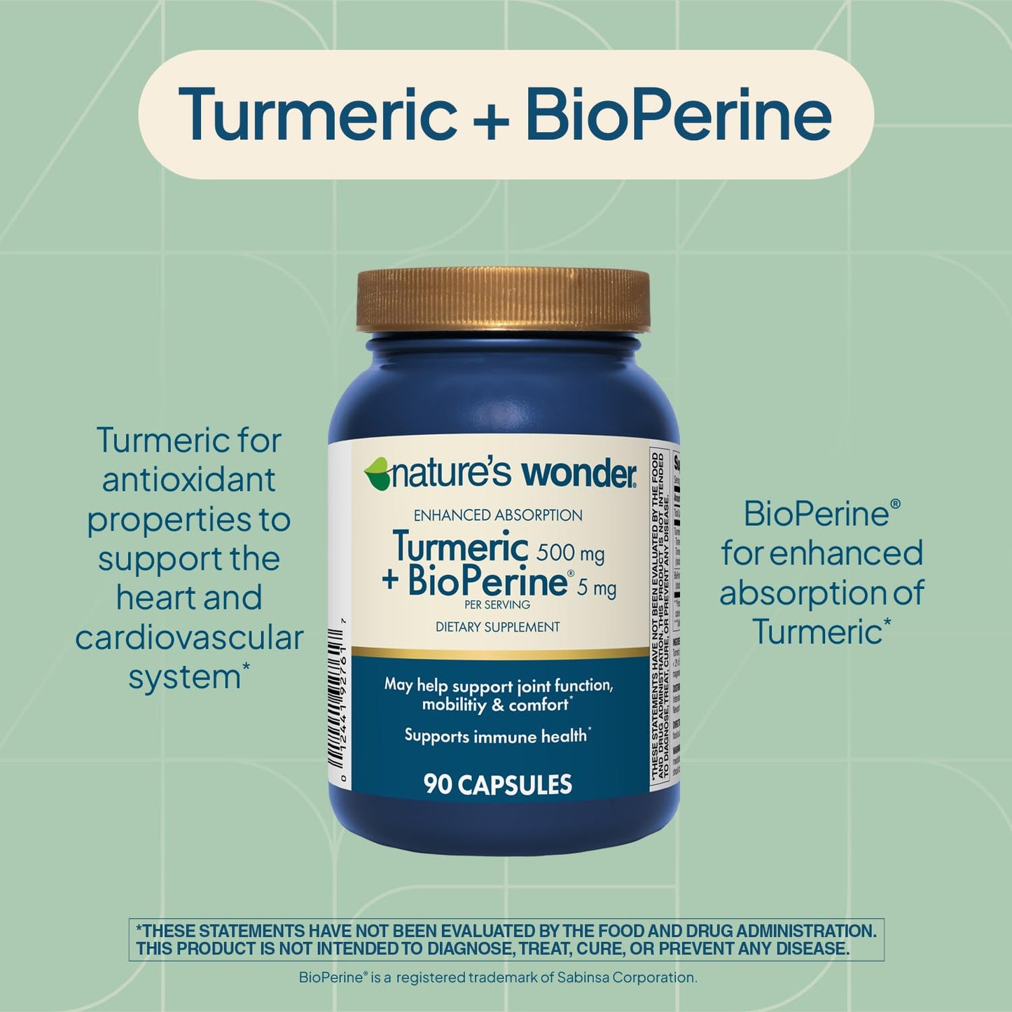 Nature's Wonder Turmeric Supplement with BioPerine 500mg - 90 Vegetarian Capsules