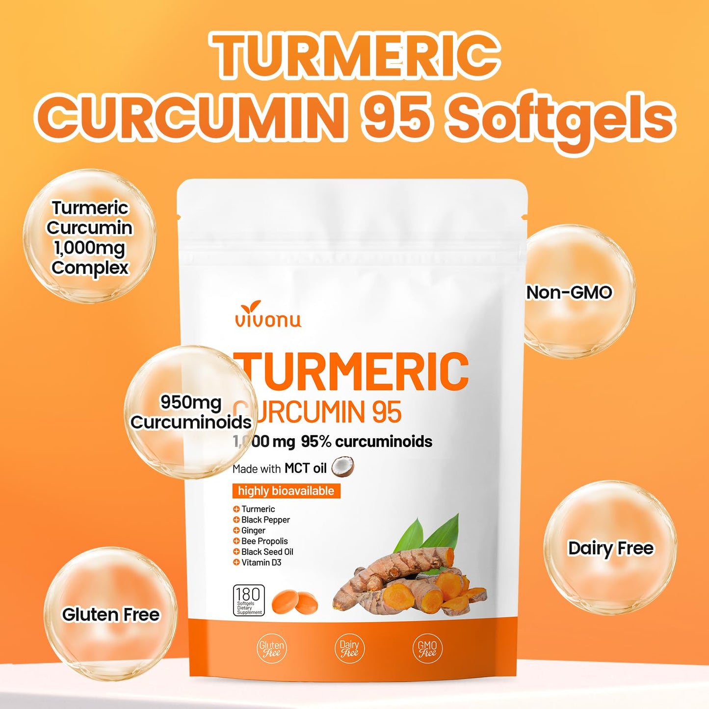 10-in-1 Turmeric Curcumin Softgels 1000mg with MCT Oil, Black Pepper & 60-Day Supply | VivoNu