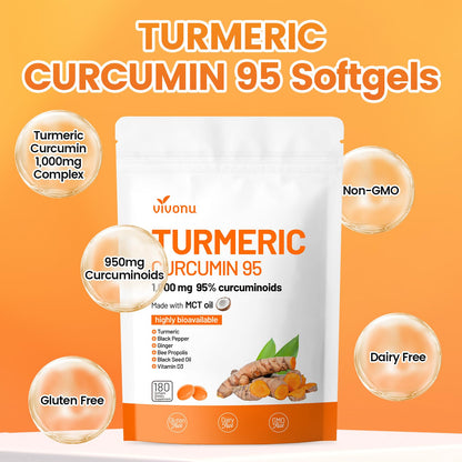 10-in-1 Turmeric Curcumin Softgels 1000mg with MCT Oil, Black Pepper & 60-Day Supply | VivoNu