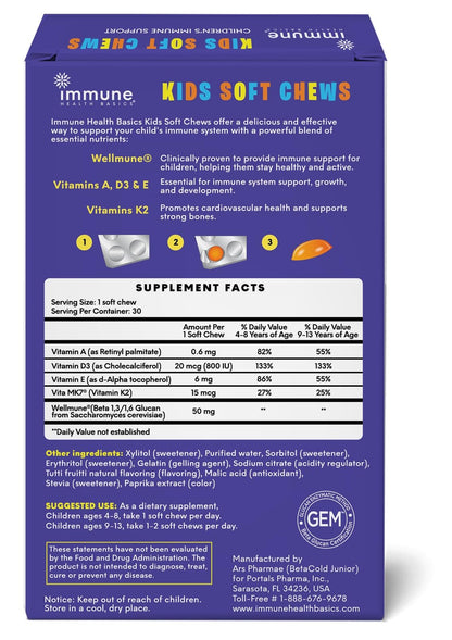 Immune Health Basics Kids Soft Chews with Wellmune® | Natural Beta Glucan Supplement for Immune Support & Daily Wellness | Allergen-Free & No Added Sugar | Tutti-Frutti Flavor, 30 Soft Chews