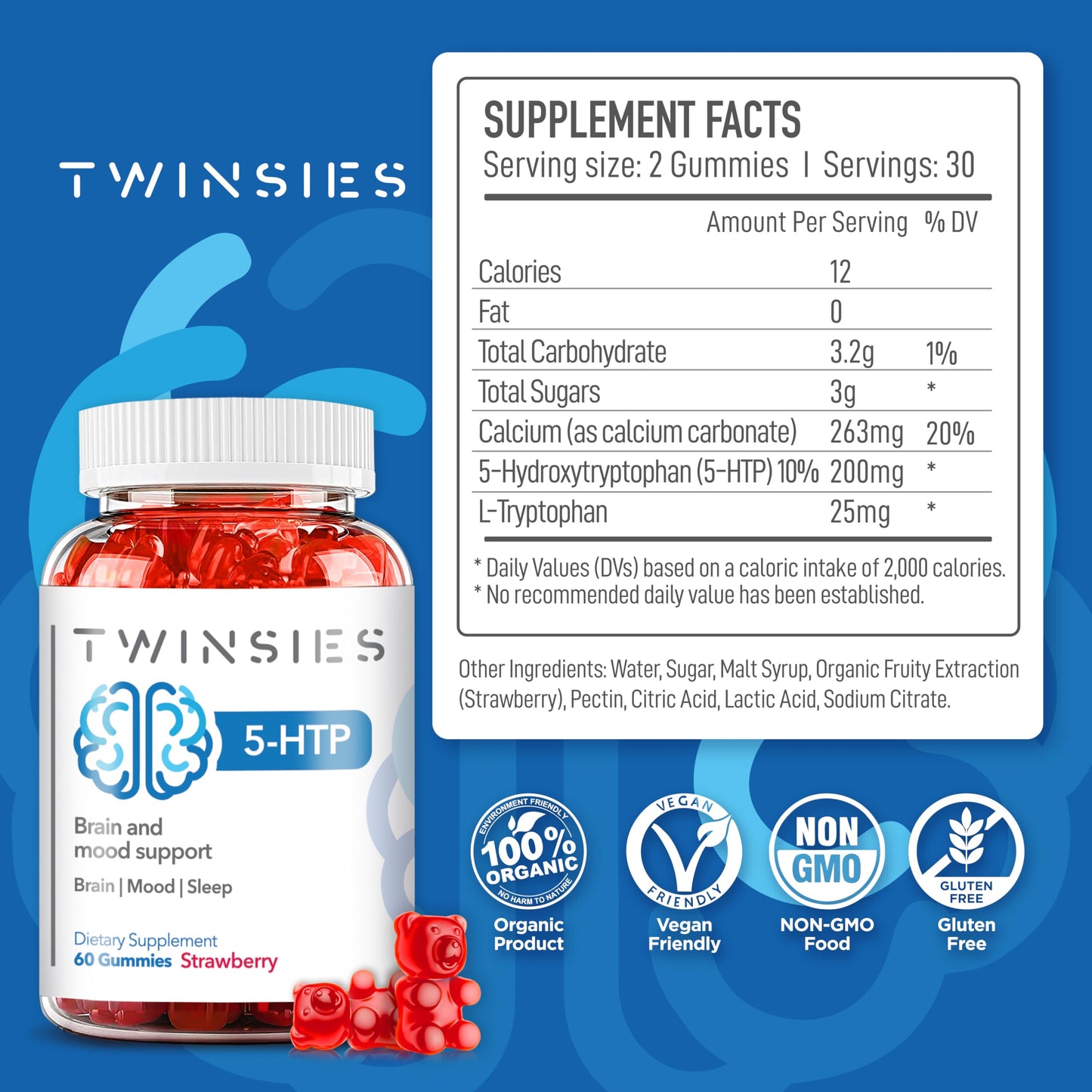 Twinsies 5-HTP Calm Gummies 200mg – Sleep, Mood & Brain Health Support (Gluten-Free & Non-GMO) | Strawberry Flavor