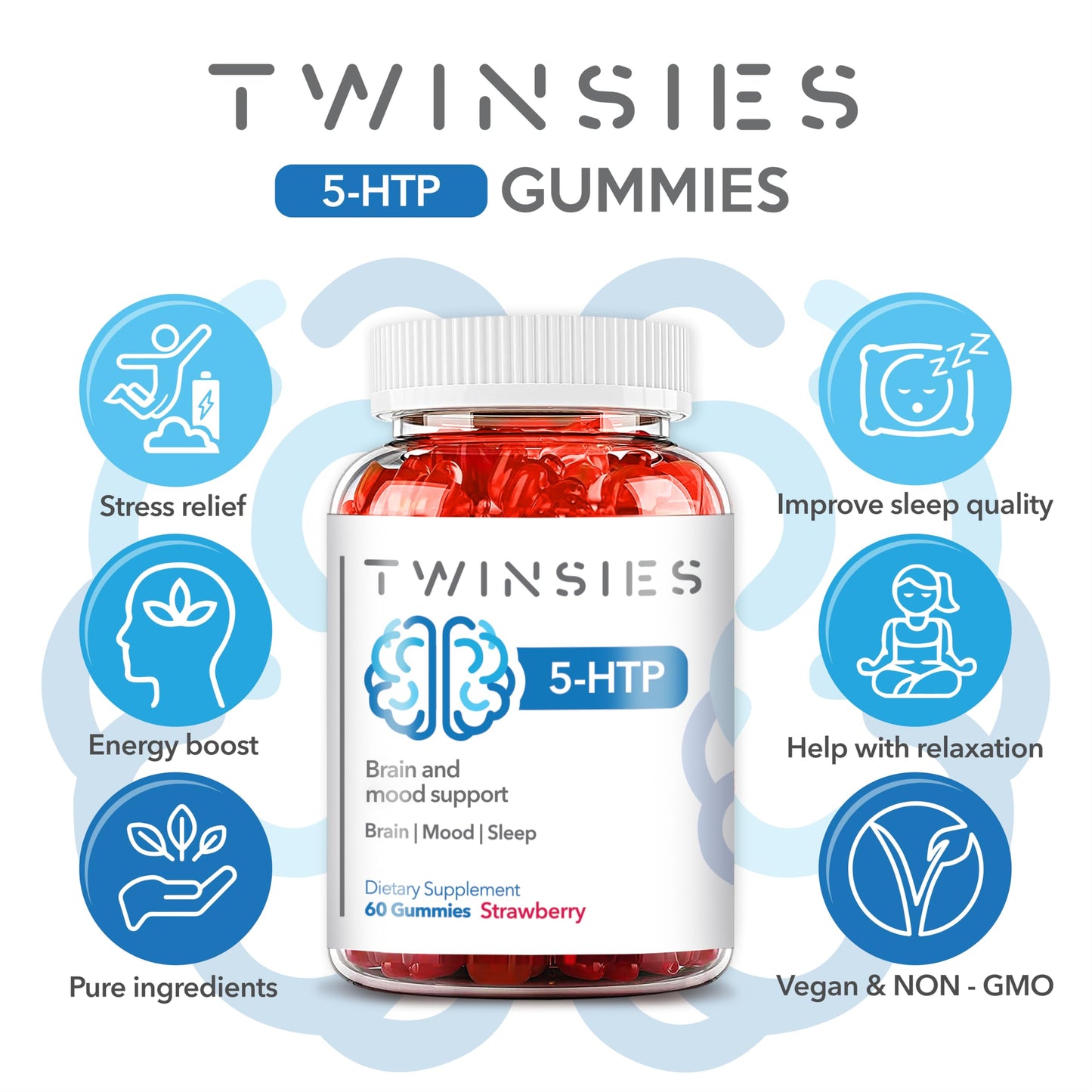 Twinsies 5-HTP Calm Gummies 200mg – Sleep, Mood & Brain Health Support (Gluten-Free & Non-GMO) | Strawberry Flavor