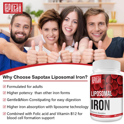 Sapotax Liposomal Fe Iron Supplement for Women & Men – 65 mg Iron, Folic Acid & B12 (60 Softgels, 2 Bottles)