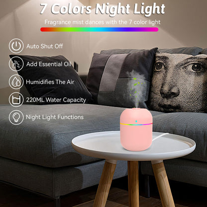 220ml Mini Essential Oil Diffuser for Desk - Pink | Auto-Off, Night Light, Quiet Humidifier
