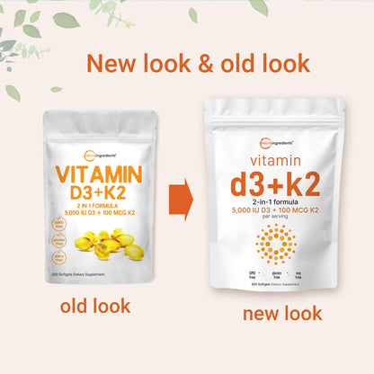 Micro Ingredients Vitamin D3 5,000 IU + K2 MK-7 100 mcg | 2 Pack (600 Softgels) | Sunflower Oil | Non-GMO | Gluten-Free