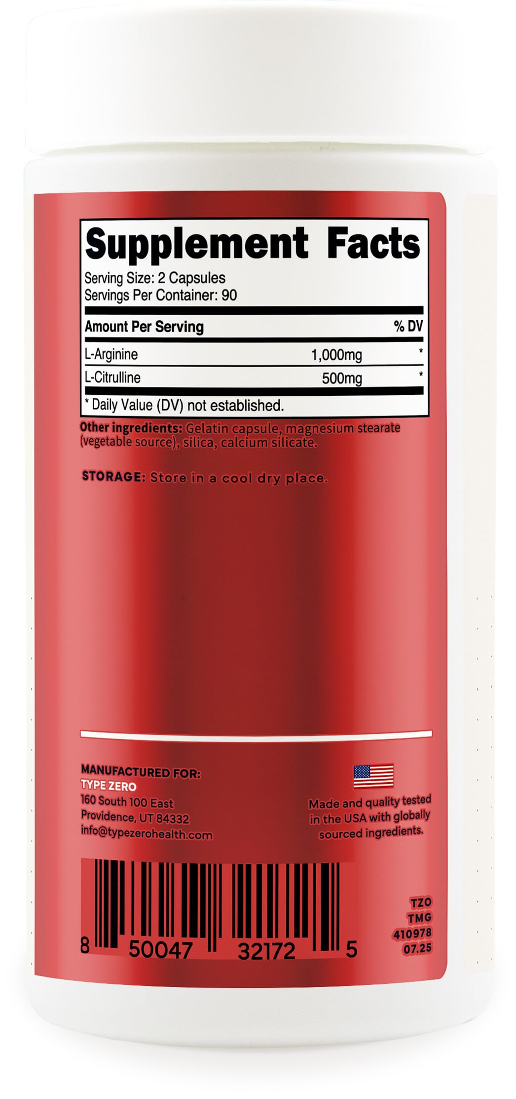 Type Zero L-Arginine + L-Citrulline Supplement (1500mg) – Nitric Oxide Booster | 180 Capsules, 90 Servings