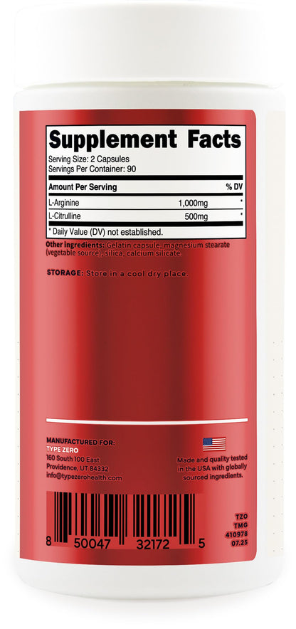Type Zero L-Arginine + L-Citrulline Supplement (1500mg) – Nitric Oxide Booster | 180 Capsules, 90 Servings