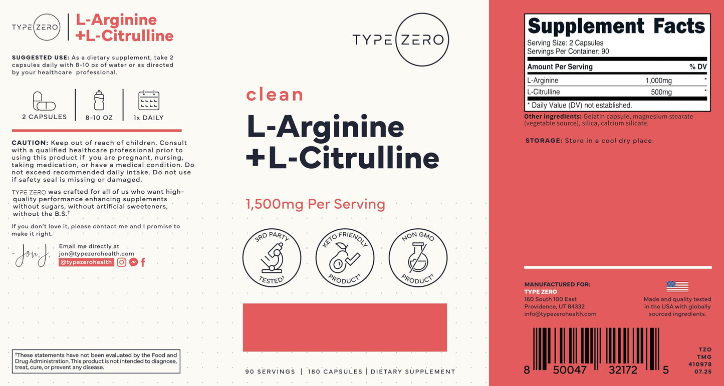 Type Zero L-Arginine + L-Citrulline Supplement (1500mg) – Nitric Oxide Booster | 180 Capsules, 90 Servings