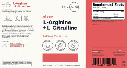 Type Zero L-Arginine + L-Citrulline Supplement (1500mg) – Nitric Oxide Booster | 180 Capsules, 90 Servings