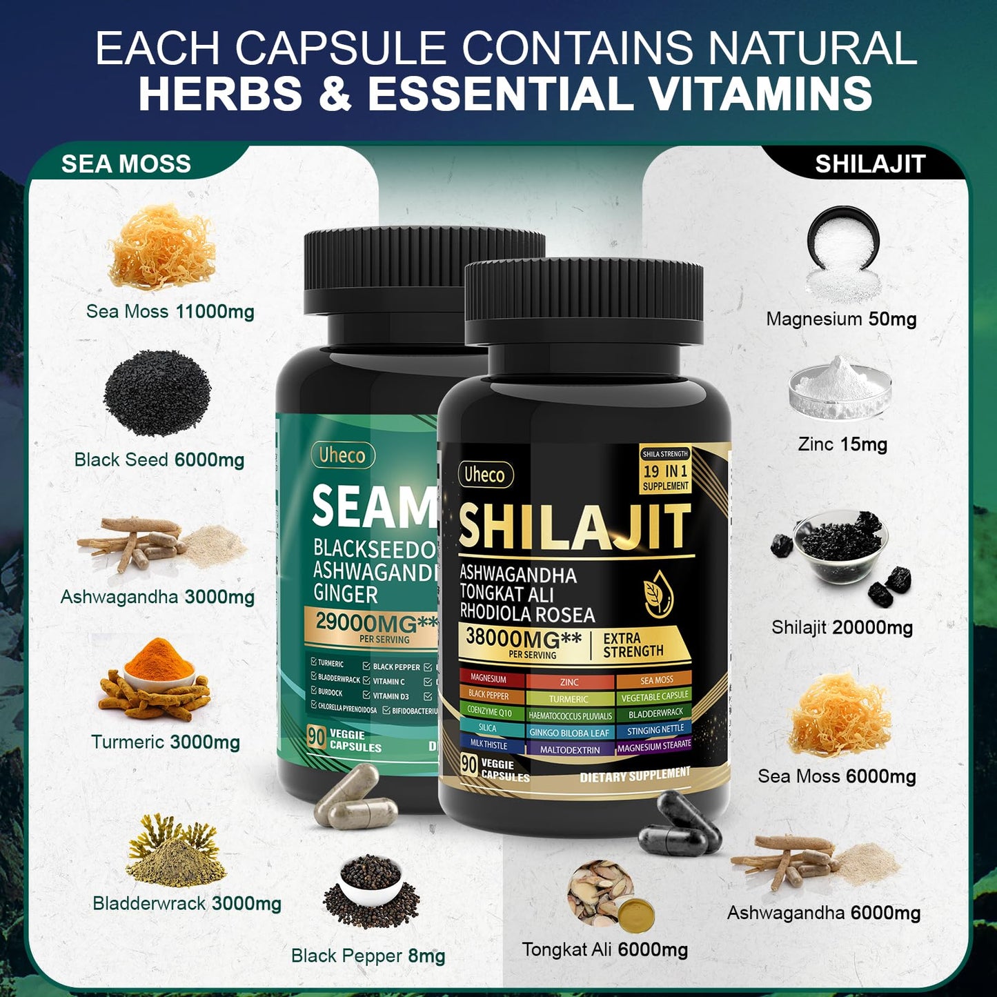 Uheco Shilajit & Sea Moss Vitality Bundle – 20000 mg Shilajit, 11000 mg Sea Moss