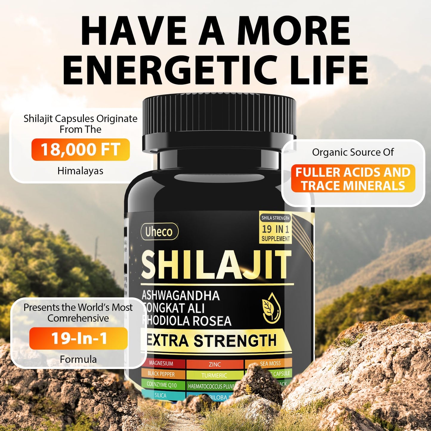 Uheco Shilajit Supplement with Sea Moss, Ashwagandha & Tongkat Ali – 90 Count