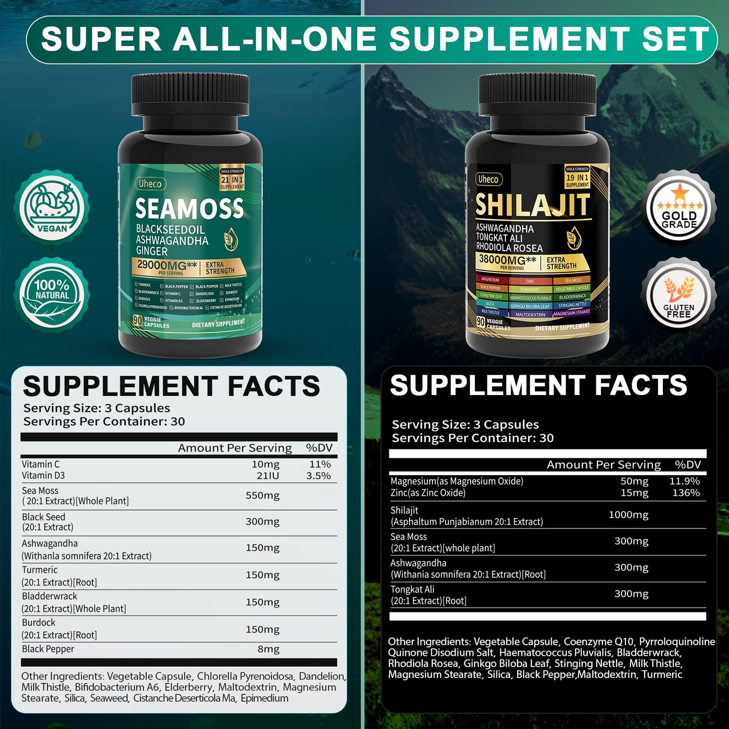 Uheco Shilajit & Sea Moss Vitality Bundle – 20000 mg Shilajit, 11000 mg Sea Moss