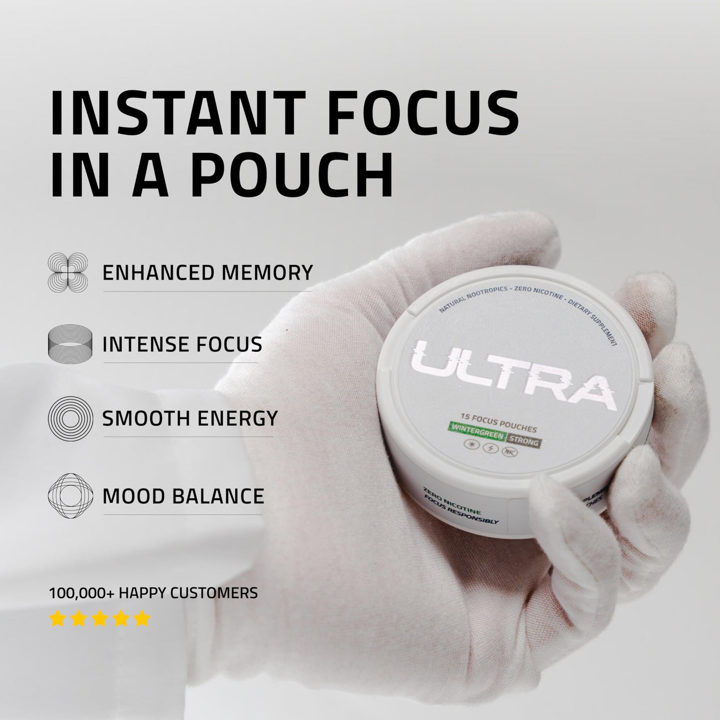 Ultra Focus Pouches – Cool Mint (3 Cans) Nicotine-Free & Caffeine-Free Nootropic Energy