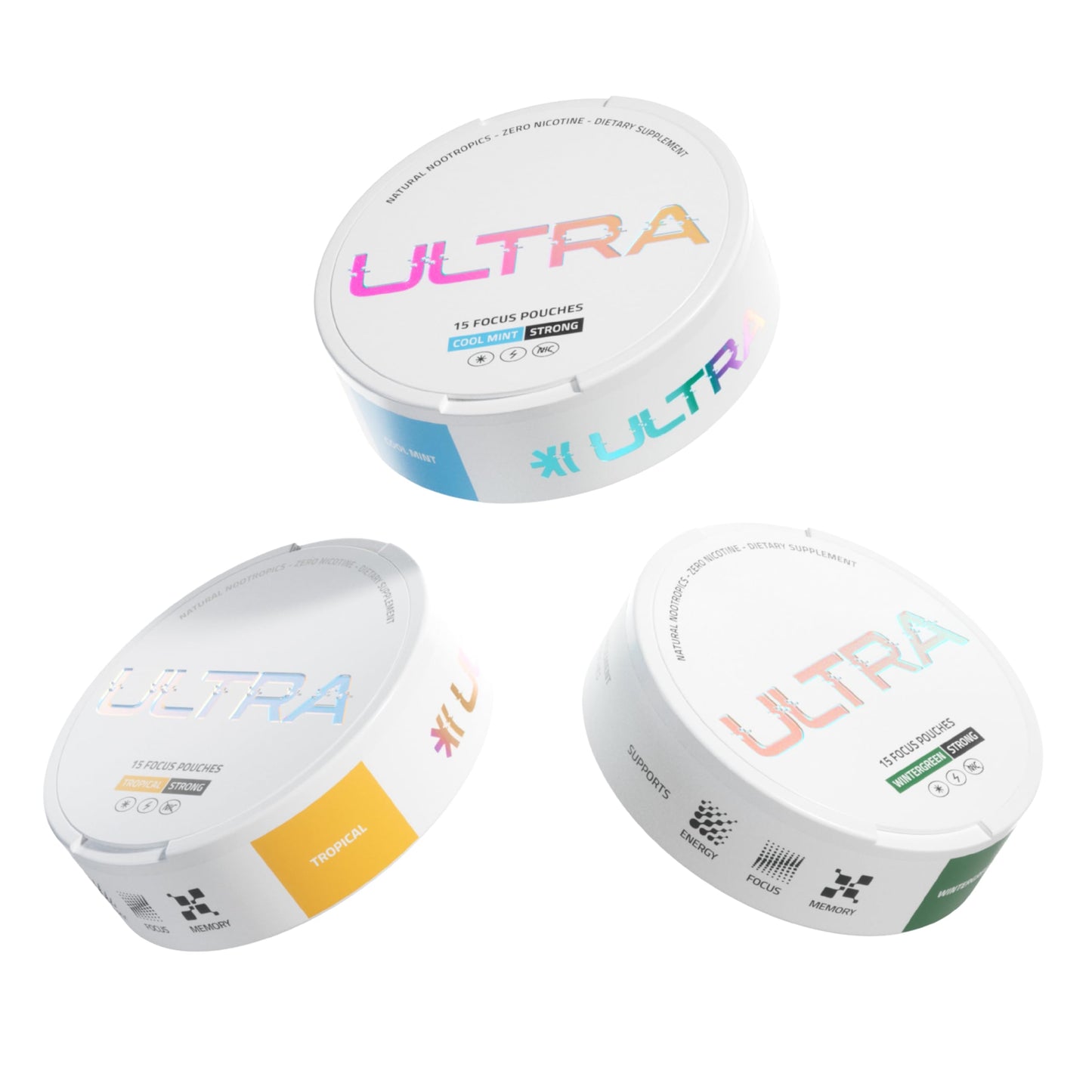 Ultra Focus Pouches Variety Pack (3 Cans) Nicotine-Free, Caffeine-Free | Nootropic Energy & Clarity | Ultra Pouches