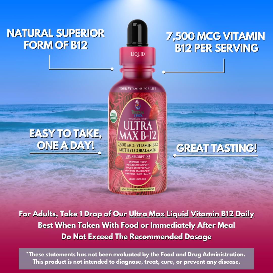 USDA Organic Ultra Max B12 - 7500mcg Methylcobalamin Drops | Vegan Strawberry 4oz