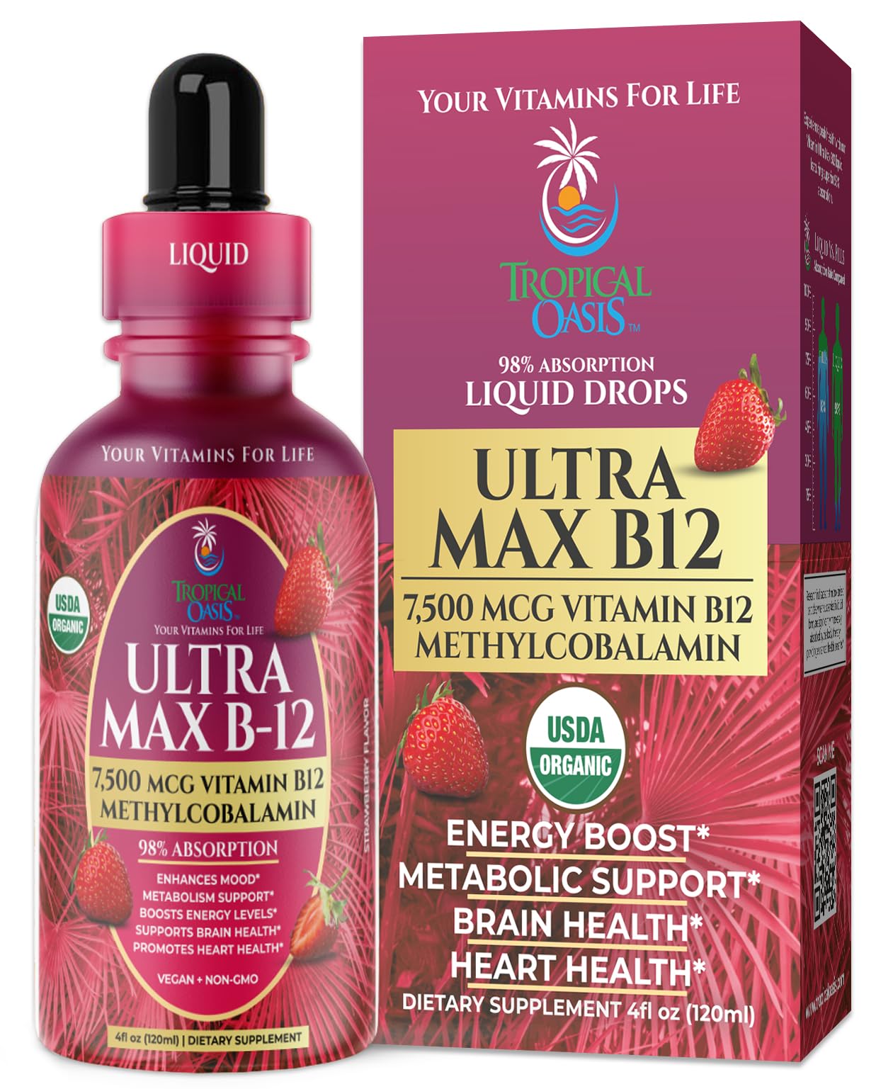 USDA Organic Ultra Max B12 - 7500mcg Methylcobalamin Drops | Vegan Strawberry 4oz
