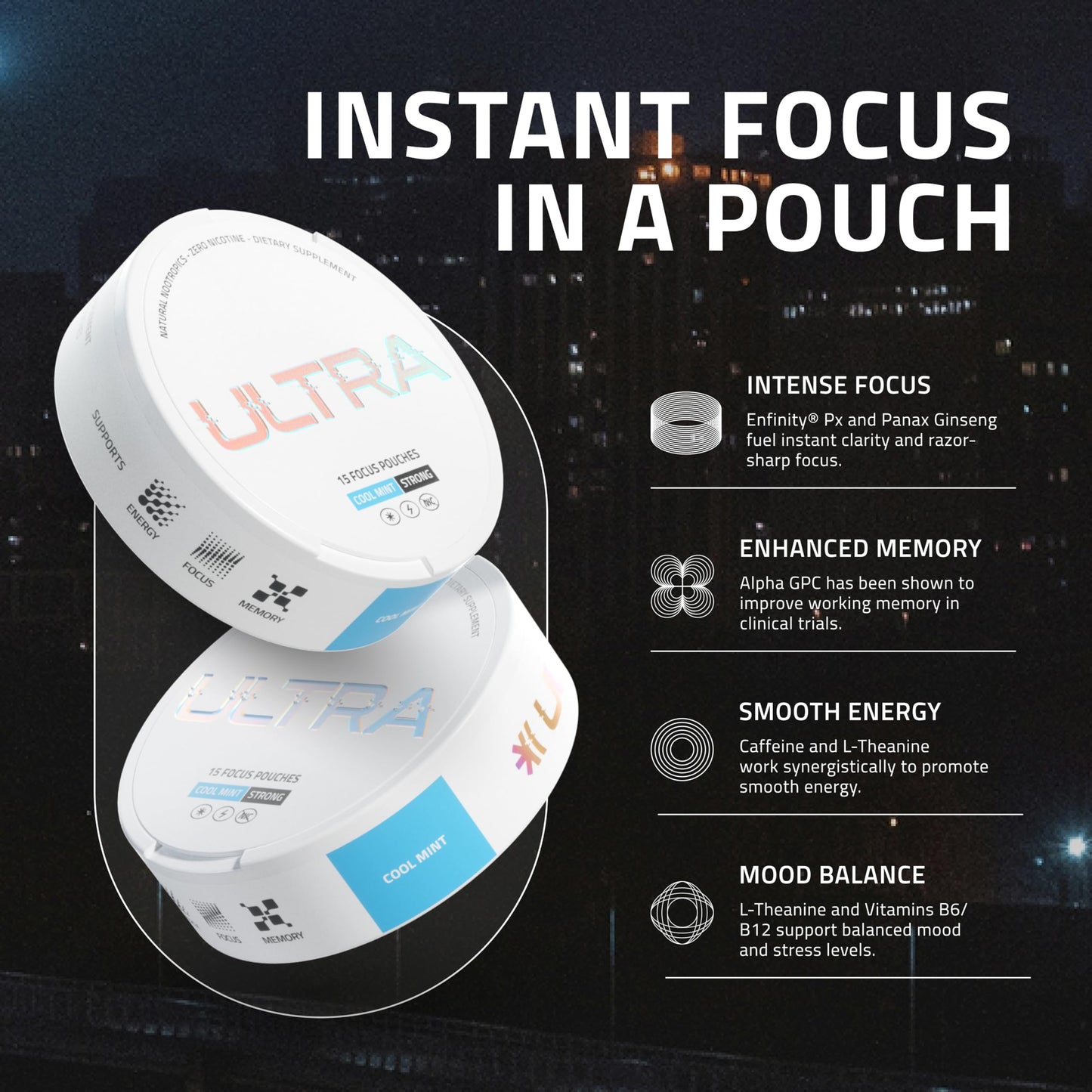 Ultra Focus Pouches Variety Pack (3 Cans) Nicotine-Free, Caffeine-Free | Nootropic Energy & Clarity | Ultra Pouches
