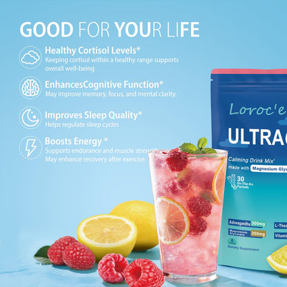 UltraCalm Magnesium Drink for Sleep & Stress Relief – Raspberry Lemonade (30 Servings)