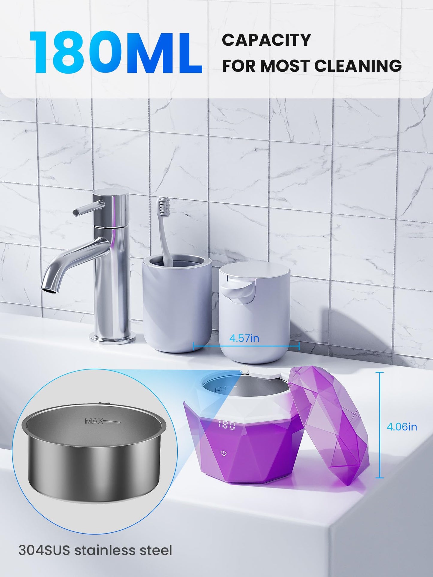 Rechargeable Ultrasonic Retainer Cleaner – 43KHz, 2x2000mAh, UV Light