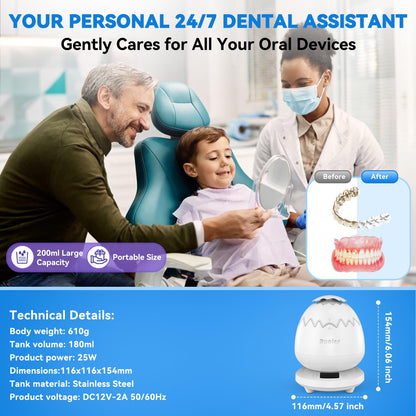 Ultrasonic Retainer Cleaner 45kHz Denture Cleaning Pod | 3 Timer Modes, Cooling Fan