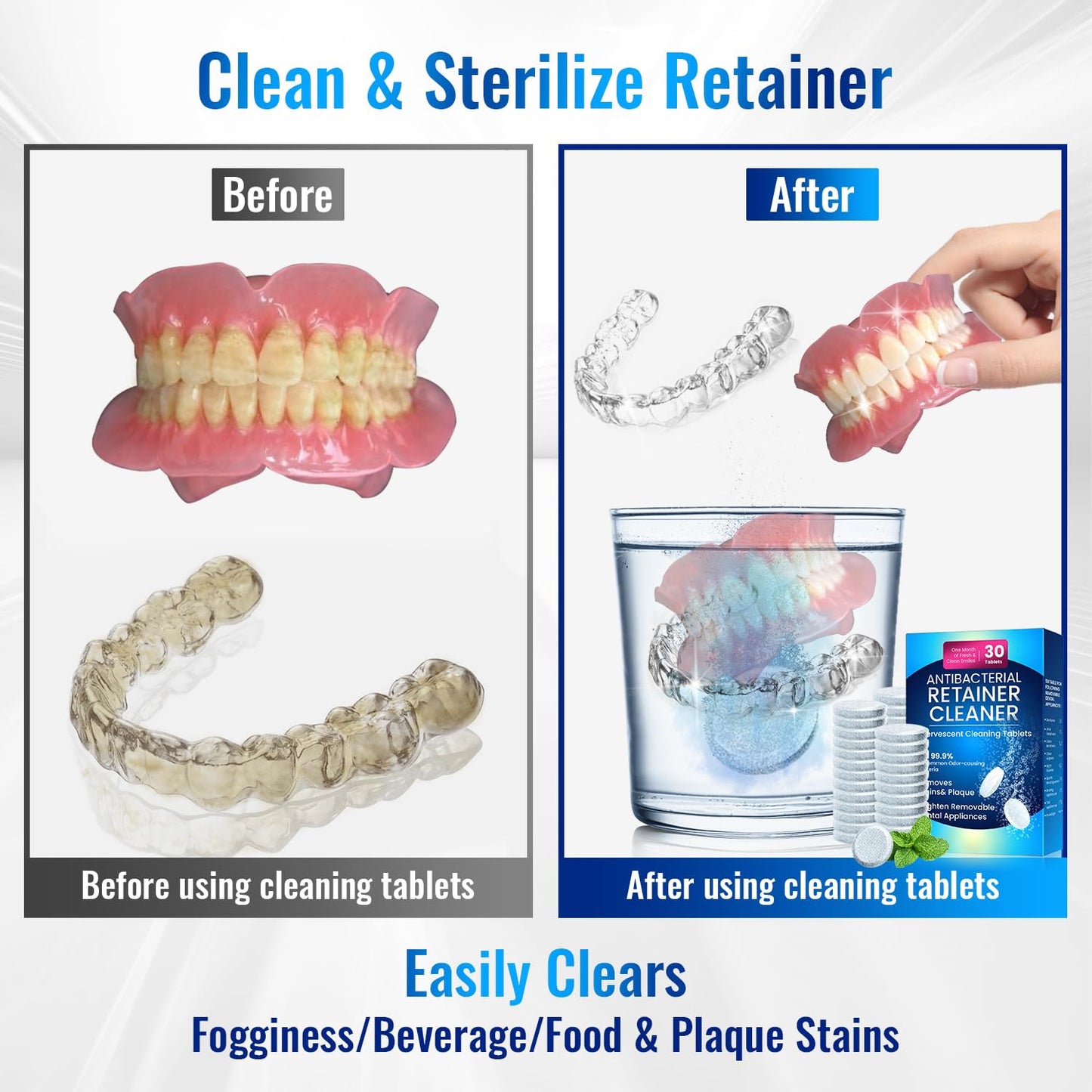Retainer Cleaner Tablets for Invisalign – Sulphate-Free Effervescent Cleaner with Aligner Tools