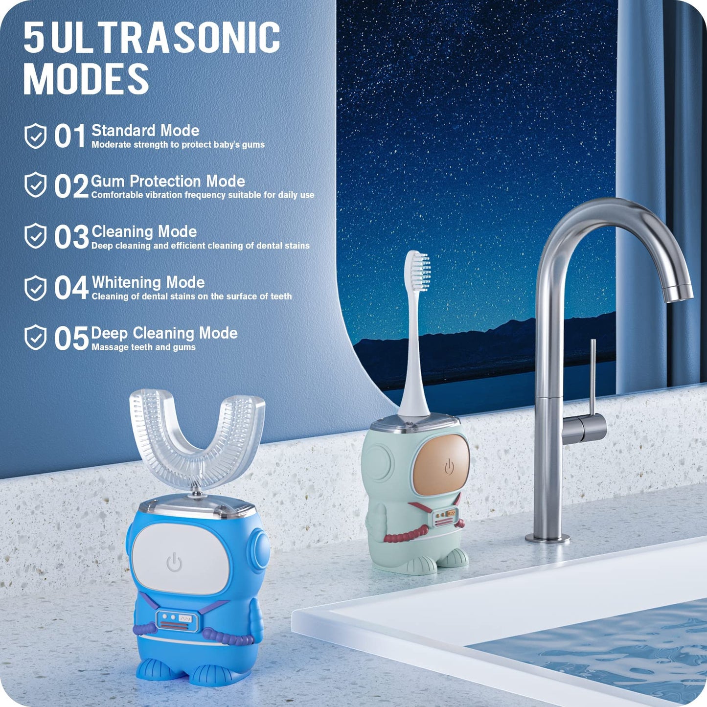 Ultrasonic Kid's U-Shaped Toothbrush | IPX7 Waterproof, 5 Modes, 60s Timer | Cartoon Astronaut, Green (Ages 2-6)