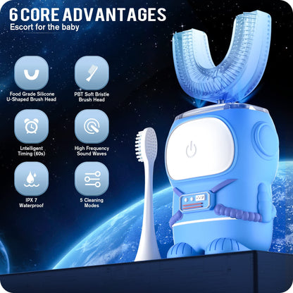 Ultrasonic Kid's U-Shaped Electric Toothbrush - IPX7, 5 Modes, 60s Timer (Azure Blue, Ages 2-6)