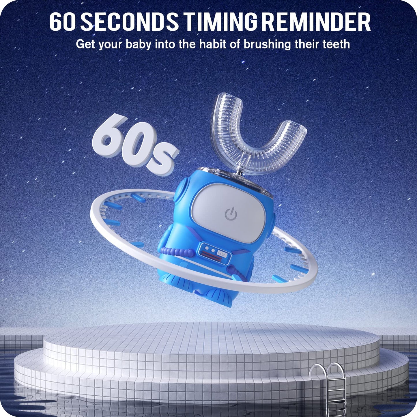 Ultrasonic Kid's U-Shaped Electric Toothbrush - IPX7, 5 Modes, 60s Timer (Azure Blue, Ages 2-6)