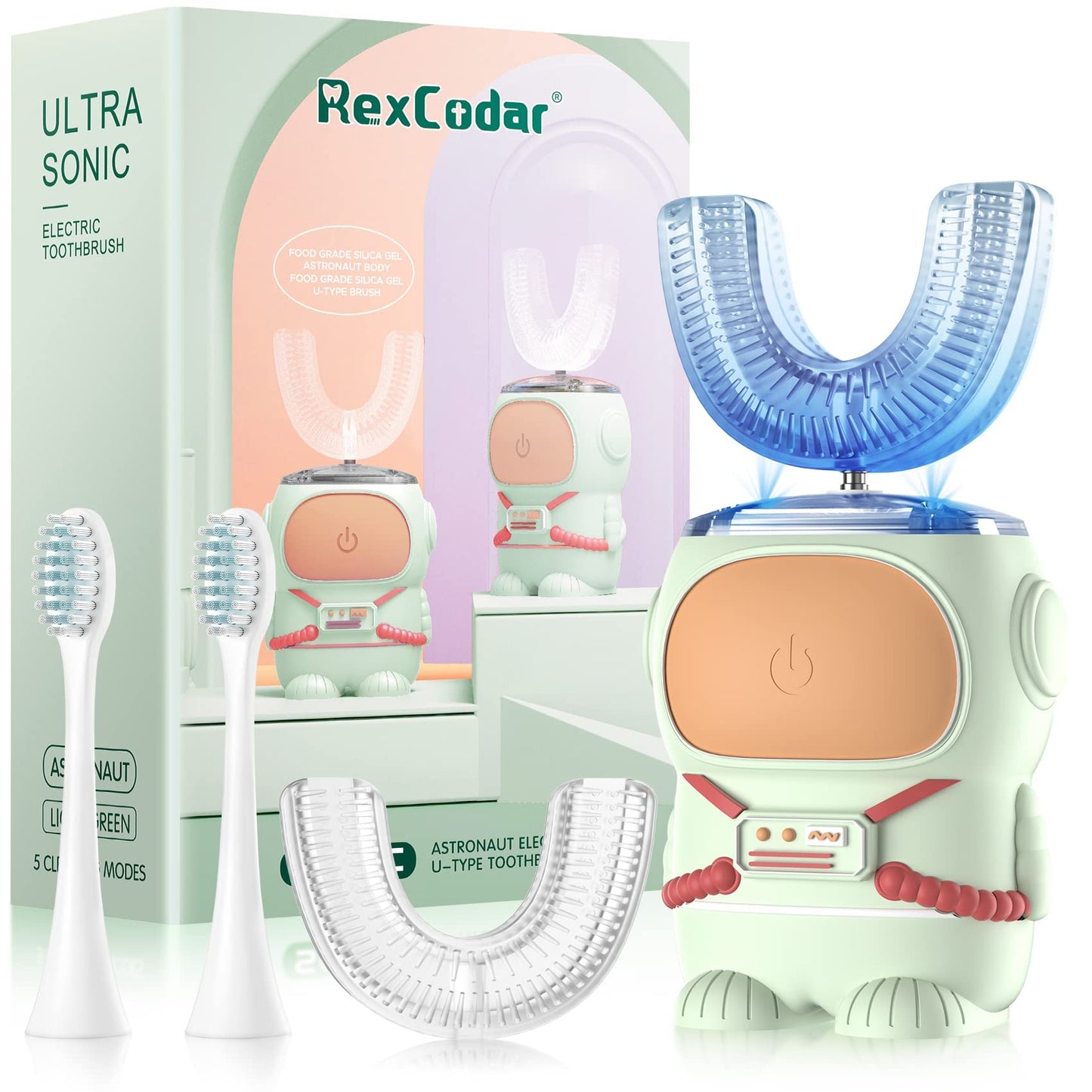 Ultrasonic Kid's U-Shaped Toothbrush | IPX7 Waterproof, 5 Modes, 60s Timer | Cartoon Astronaut, Green (Ages 2-6)
