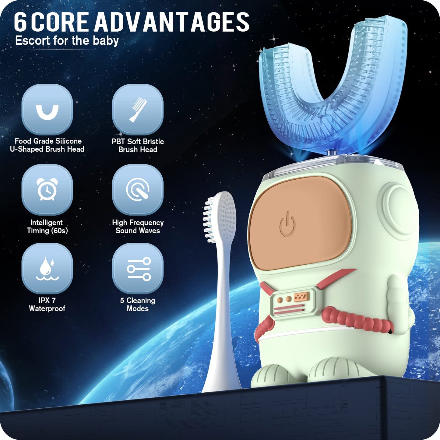 Ultrasonic Kid's U-Shaped Toothbrush | IPX7 Waterproof, 5 Modes, 60s Timer | Cartoon Astronaut, Green (Ages 2-6)