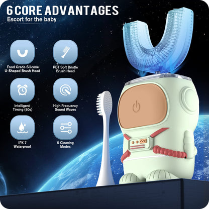 Ultrasonic Kid's U-Shaped Toothbrush | IPX7 Waterproof, 5 Modes, 60s Timer | Cartoon Astronaut, Green (Ages 2-6)