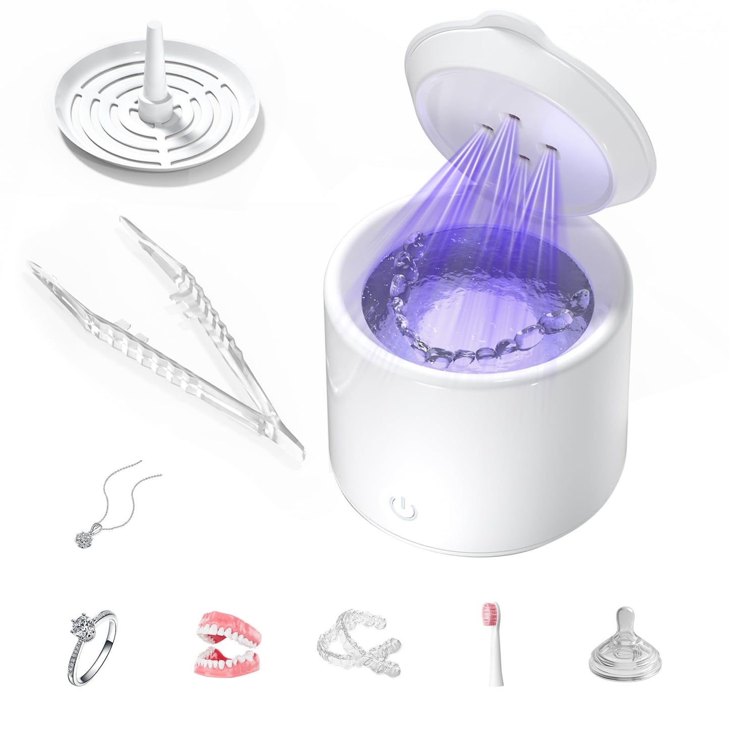 Ultrasonic Retainer Cleaner 48kHz - 3 Modes, Jewelry & Denture Cleaning (White)