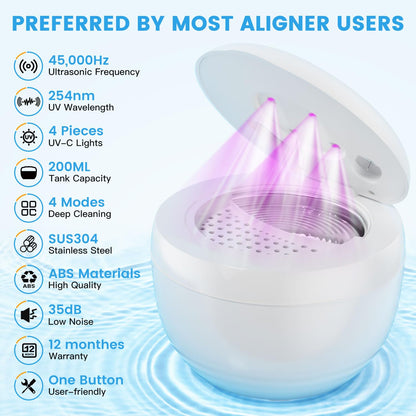 Ultrasonic Retainer Cleaner Machine – 45kHz, 4 Modes, 200ML Tank, UV Light, 25W