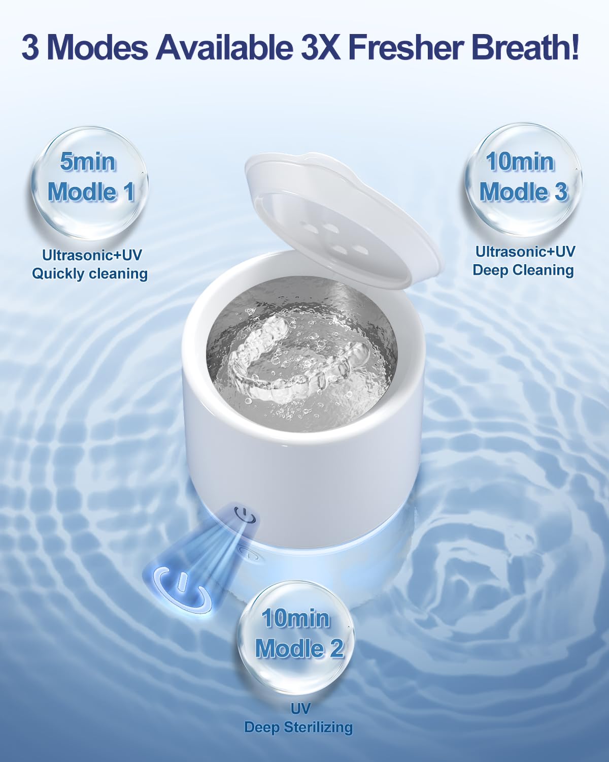 Ultrasonic Retainer Cleaner 48kHz - 3 Modes, Jewelry & Denture Cleaning (White)