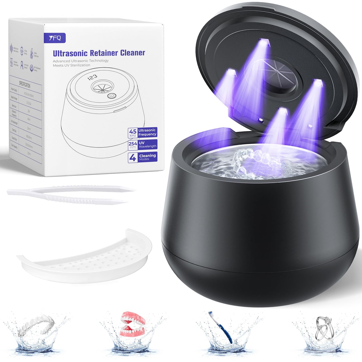 45kHz Ultrasonic Retainer Cleaner – 200ML UV Dental Cleaner