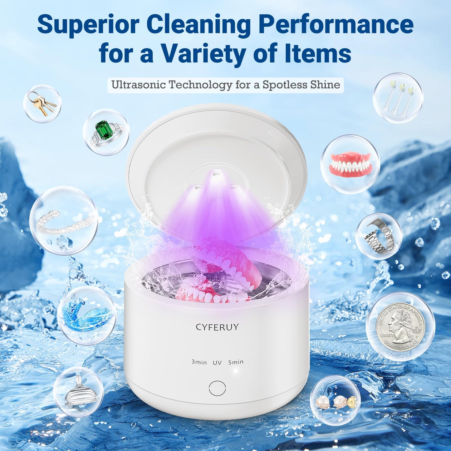Ultrasonic Retainer Cleaner 45kHz – 160ML Cleaning Pod for Dentures, Mouth Guards & Jewelry (3 Modes)