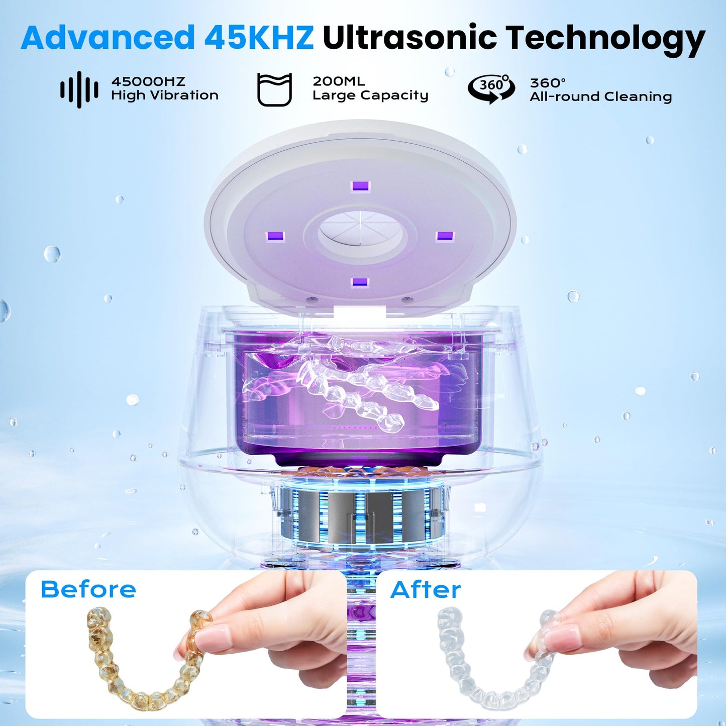 45kHz Ultrasonic Retainer Cleaner - 200ML, UV Light, 4 Modes - White