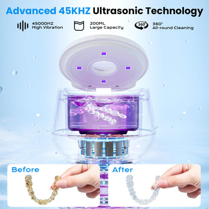 45kHz Ultrasonic Retainer Cleaner - 200ML, UV Light, 4 Modes - White