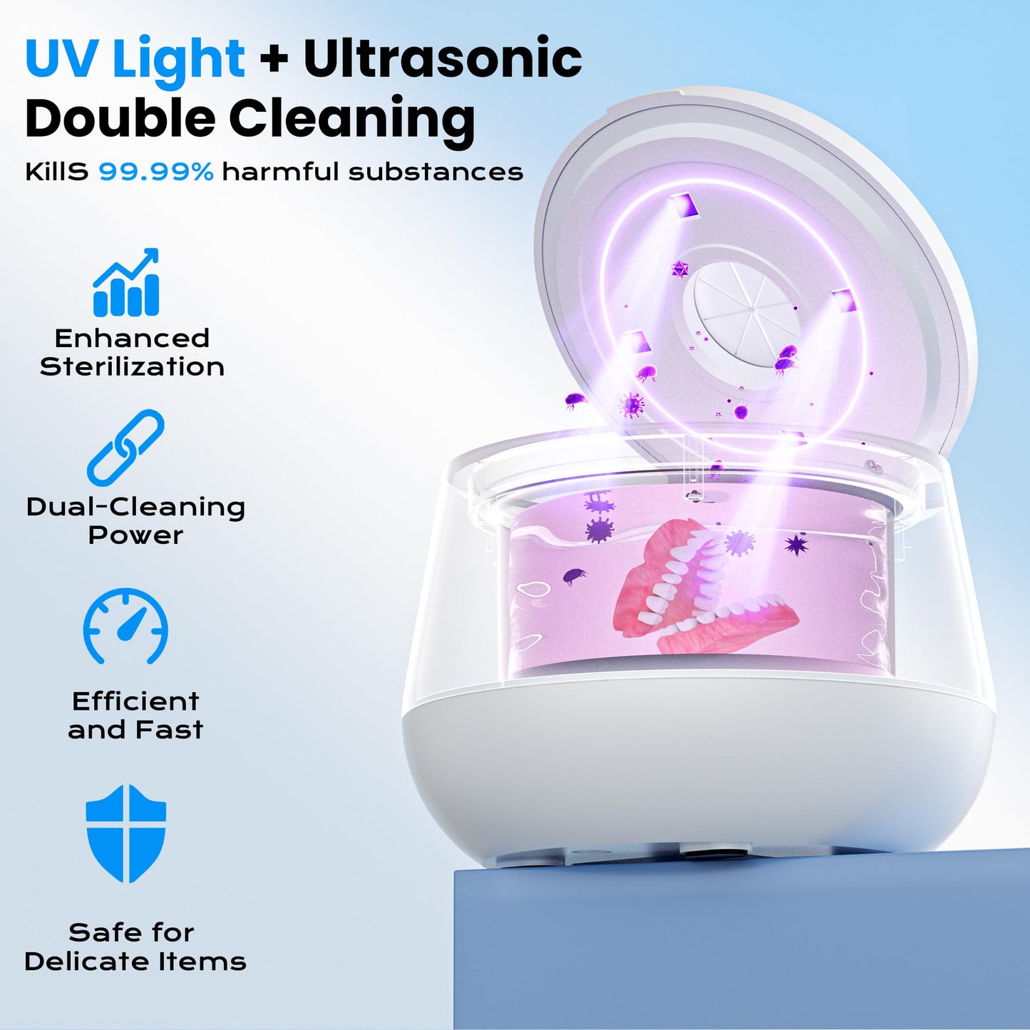 45kHz Ultrasonic Retainer Cleaner - 200ML, UV Light, 4 Modes - White
