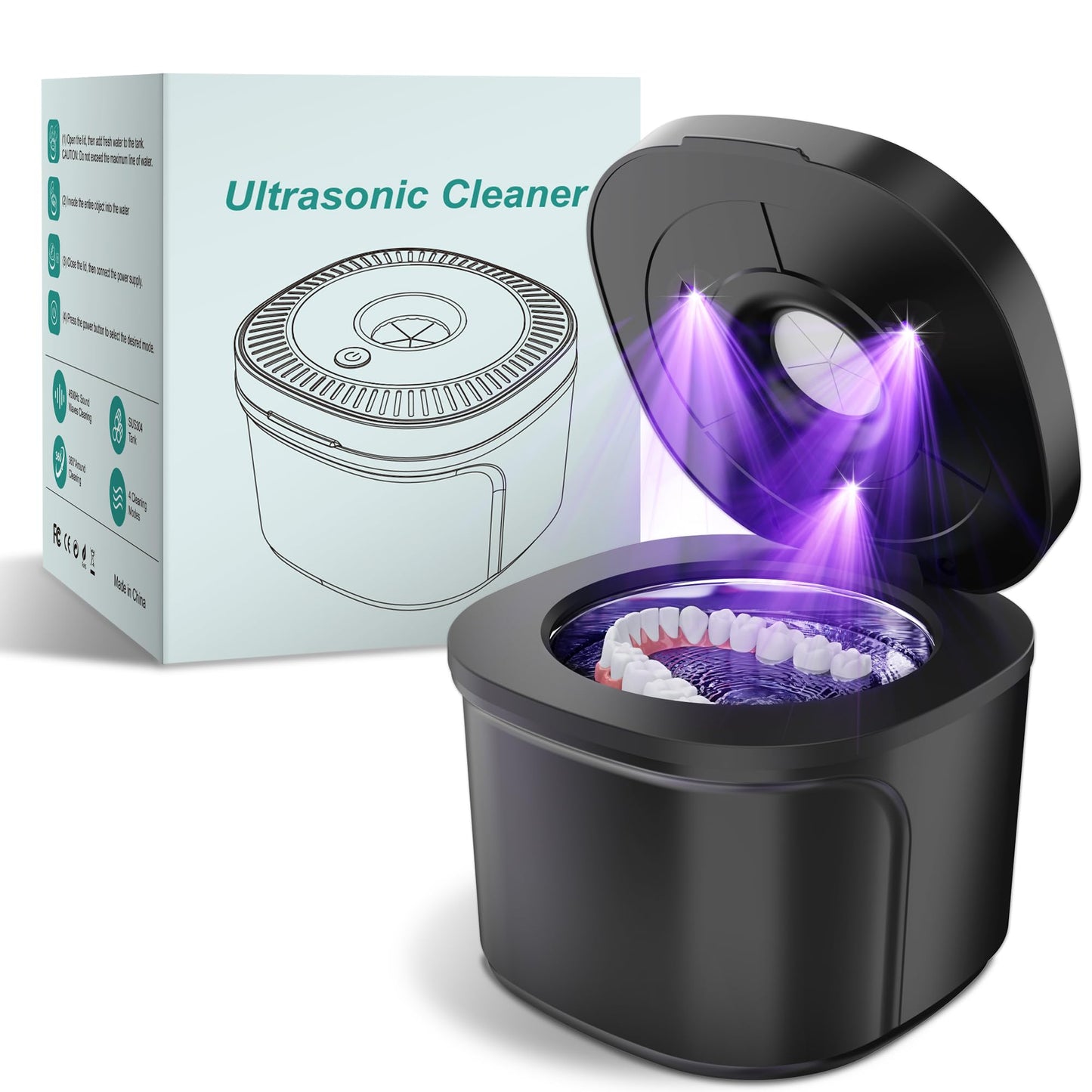 Ultrasonic Retainer Cleaner with UV Light - 45kHz Cleaning Pod (Black)