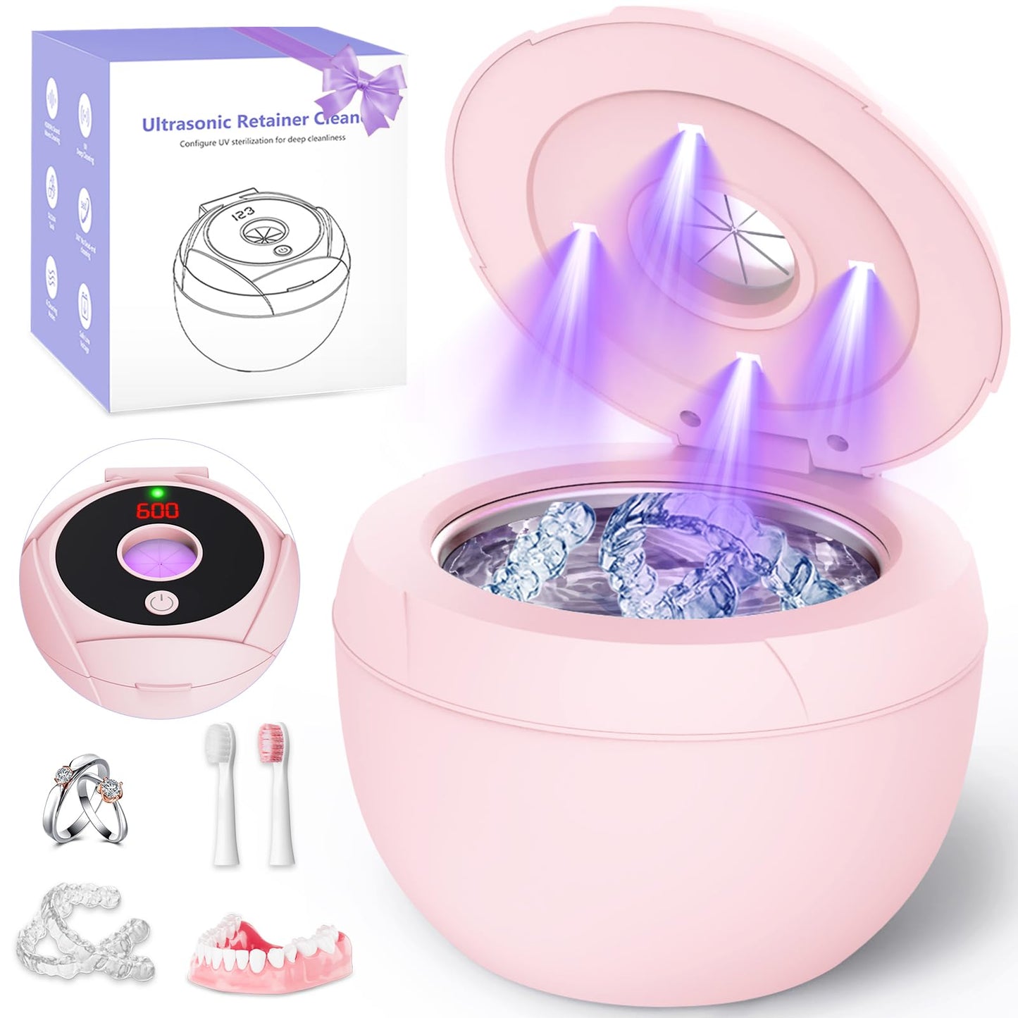 Ultrasonic Retainer Cleaner 45kHz | Dentures, Mouth Guards & Jewelry | 4 Cleaning Modes