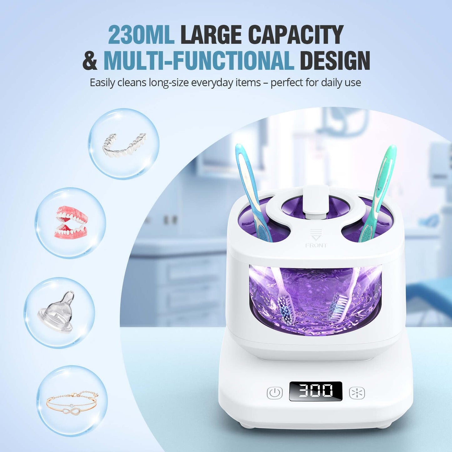 Ultrasonic Retainer Cleaner - Detachable 45kHz, 3 Modes, White
