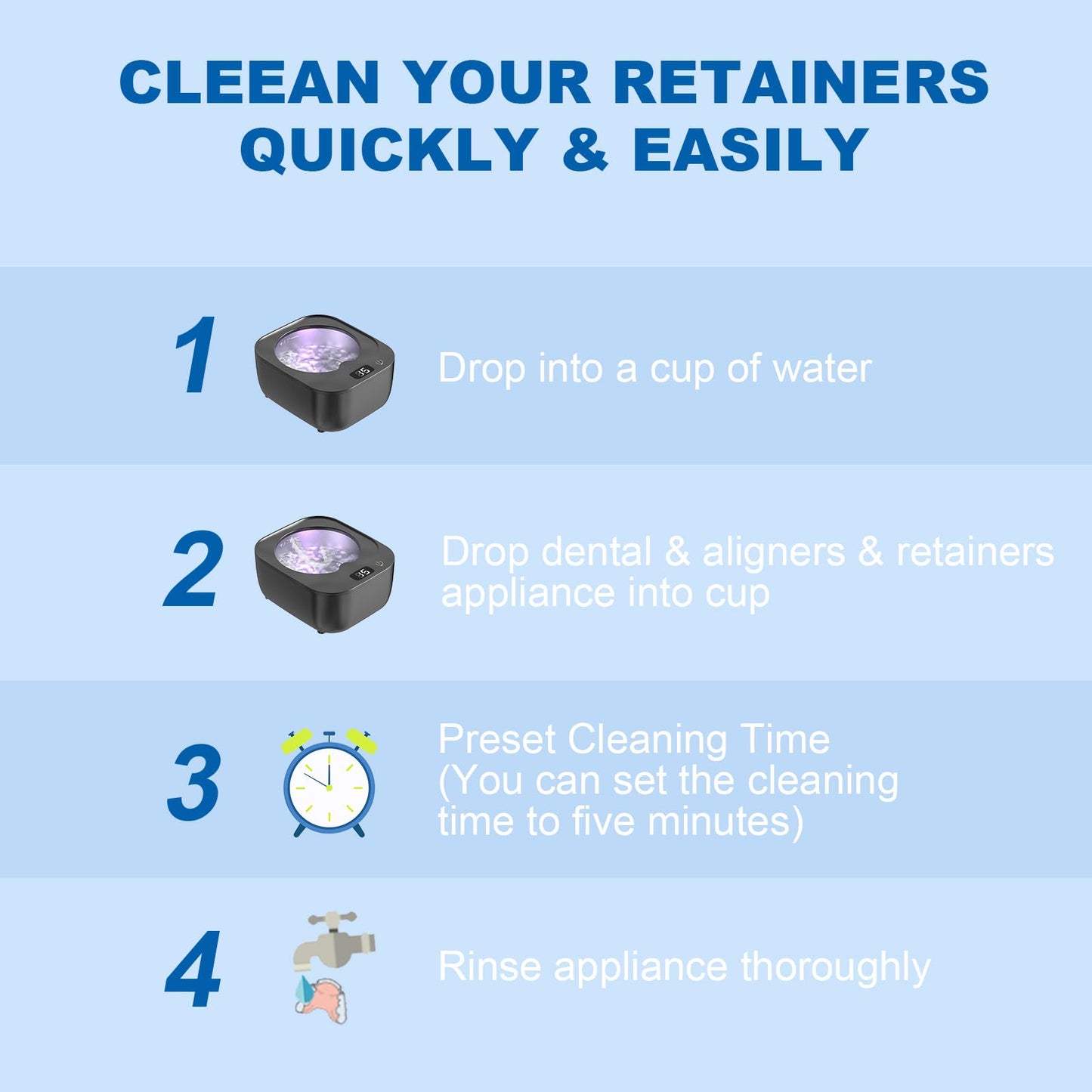 Ultrasonic Retainer Cleaner Machine - 43000Hz Ultrasonic Cleaner for Retainers, Aligners, Dentures, Mouth Guards